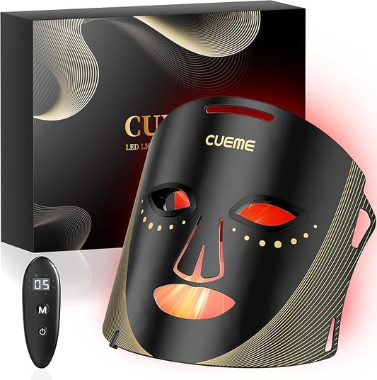 CUEME red light therapy mask closeup for facial rejuvenation and soothing glow.