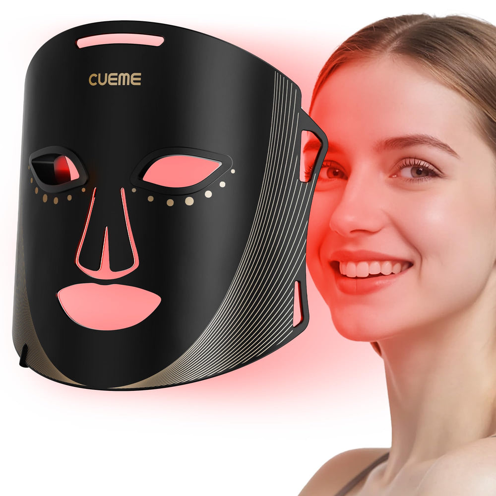 CUEME red light therapy mask in use for at-home facial care.
