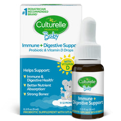 Culturelle Baby Probiotic Drops bottle with dropper supports gentle tummy balance.