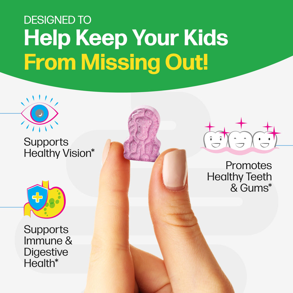 Graphic shows 11 vitamins and minerals in Culturelle Kids Complete.