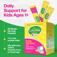 Culturelle Kids probiotic packets shown in kid-friendly packaging for daily use.