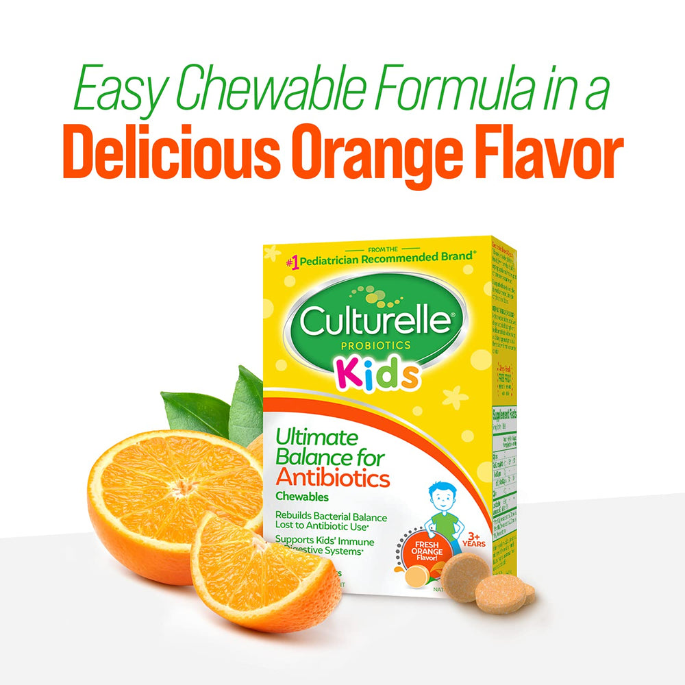 Culturelle orange-flavored chewables close-up showing kid-friendly flavor.