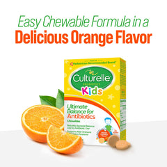 Culturelle orange-flavored chewables close-up showing kid-friendly flavor.