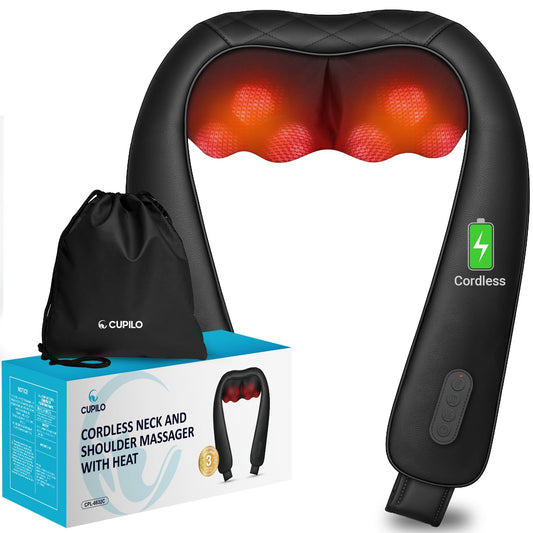 CuPiLo cordless neck massager close-up highlighting heat therapy for relaxation