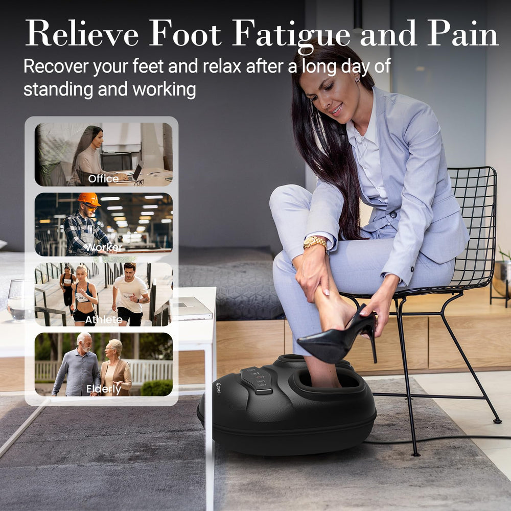 CuPiLo Foot Massager five compression levels target instep, heel, and ankle.