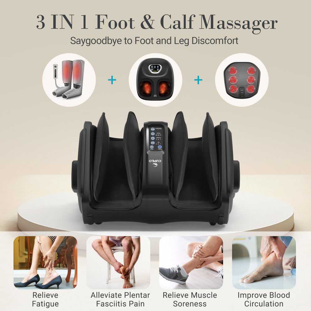 CuPiLo foot massager showing heat therapy feature for soothing warmth.