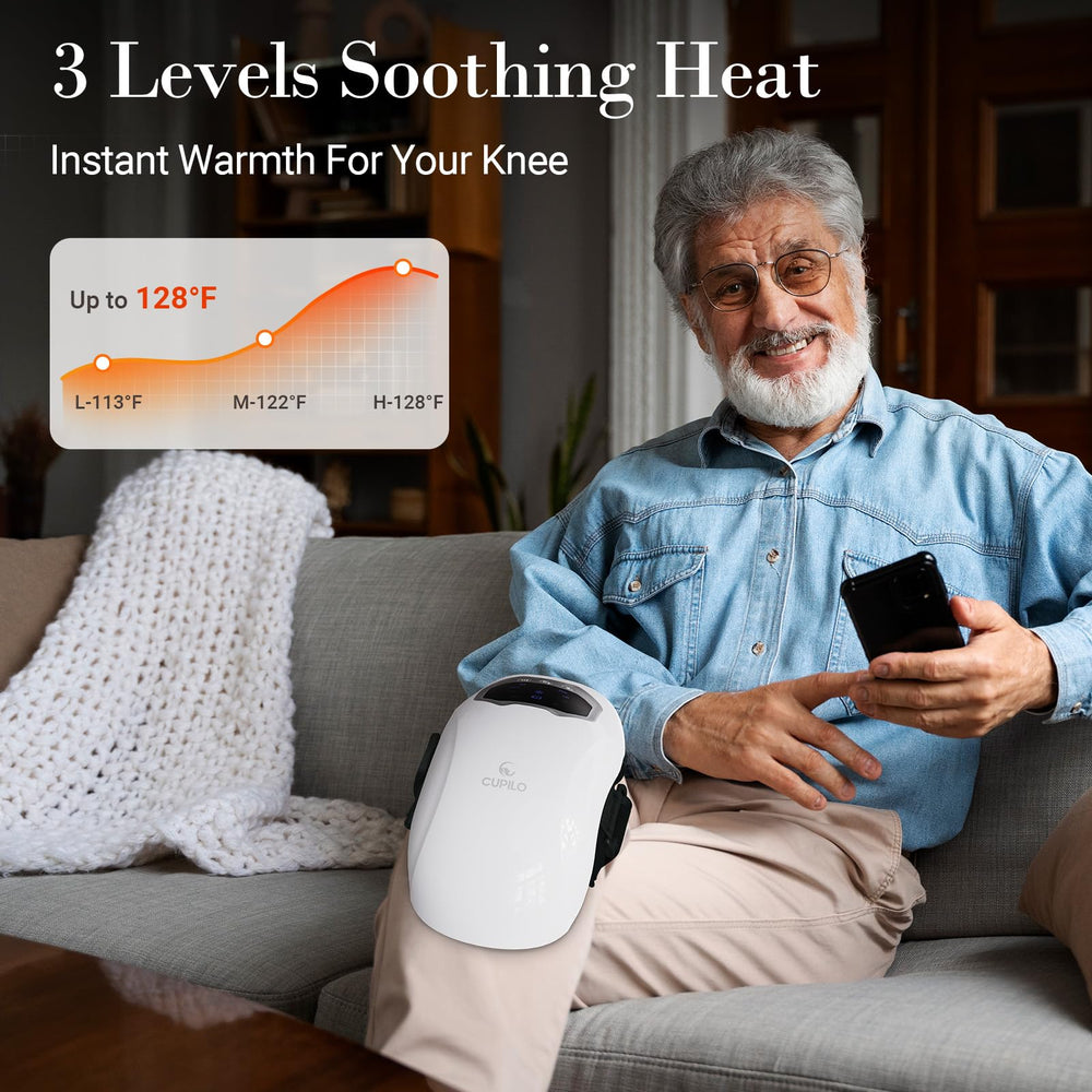 CuPiLo knee massager demonstrates vibration modes for personalized knee relief