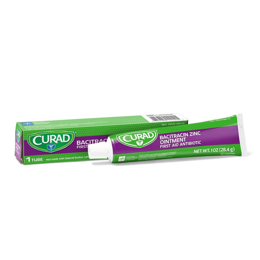 Curad Bacitracin Zinc Ointment tube ready for quick wound care.