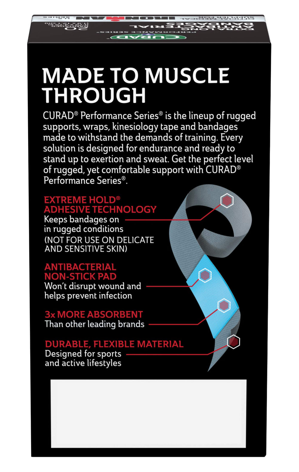 CURAD Ironman antibacterial pad zero point eight percent benzalkonium chloride helps prevent infection.