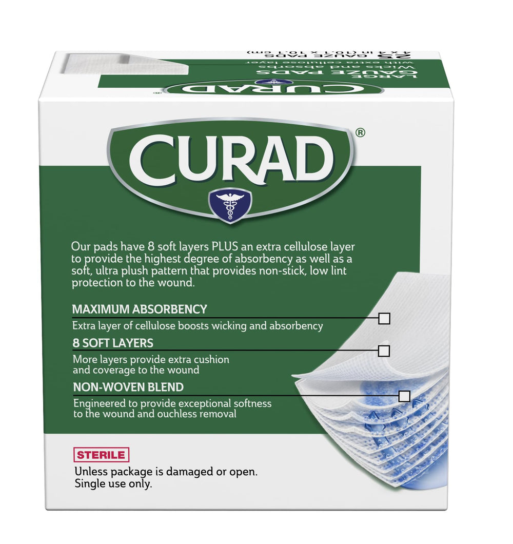 Curad Pro-Gauze Pad nonwoven design resists sticking for ouchless removal