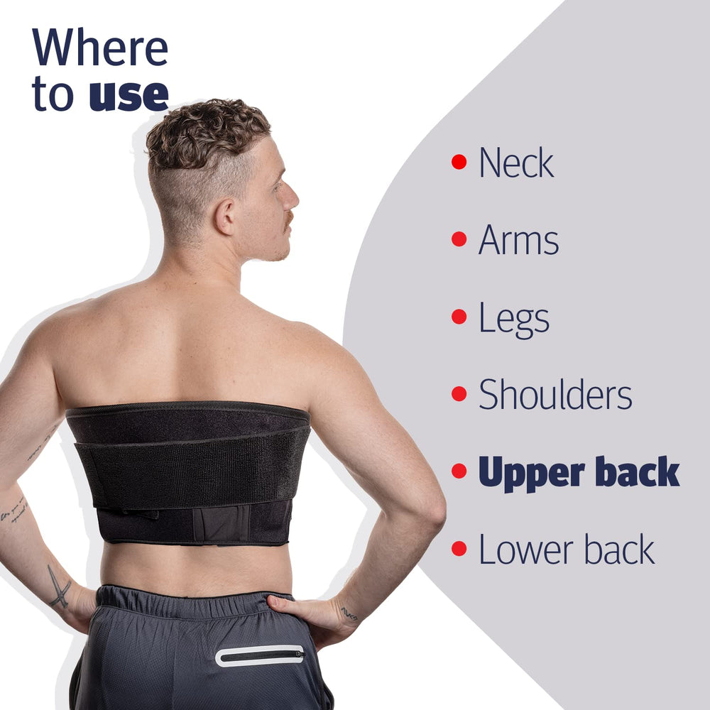 CURALIGHT belt worn around neck shows flexible coverage for shoulder and neck relief