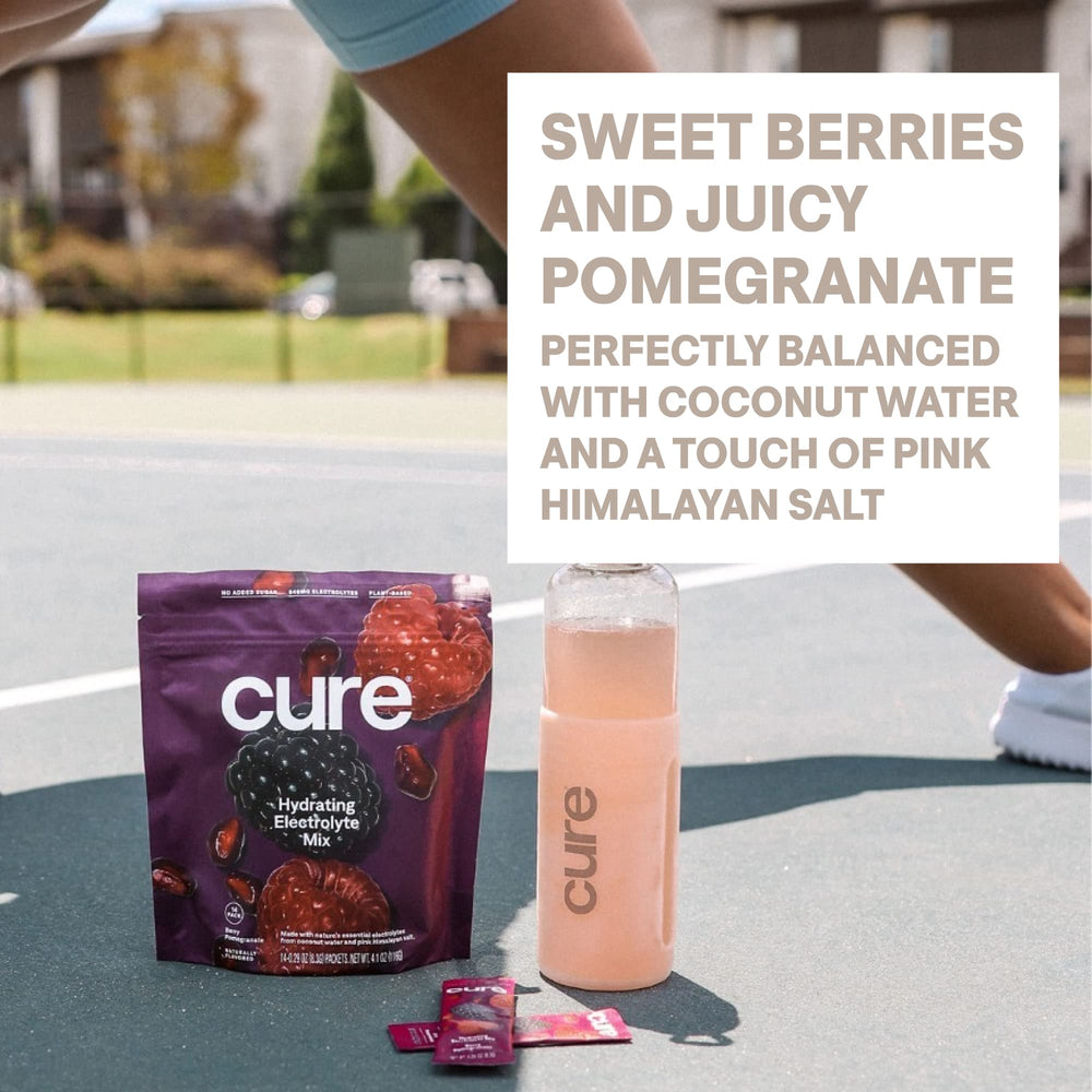 Cure Hydration Berry Pomegranate vegan and non-GMO certification on label.