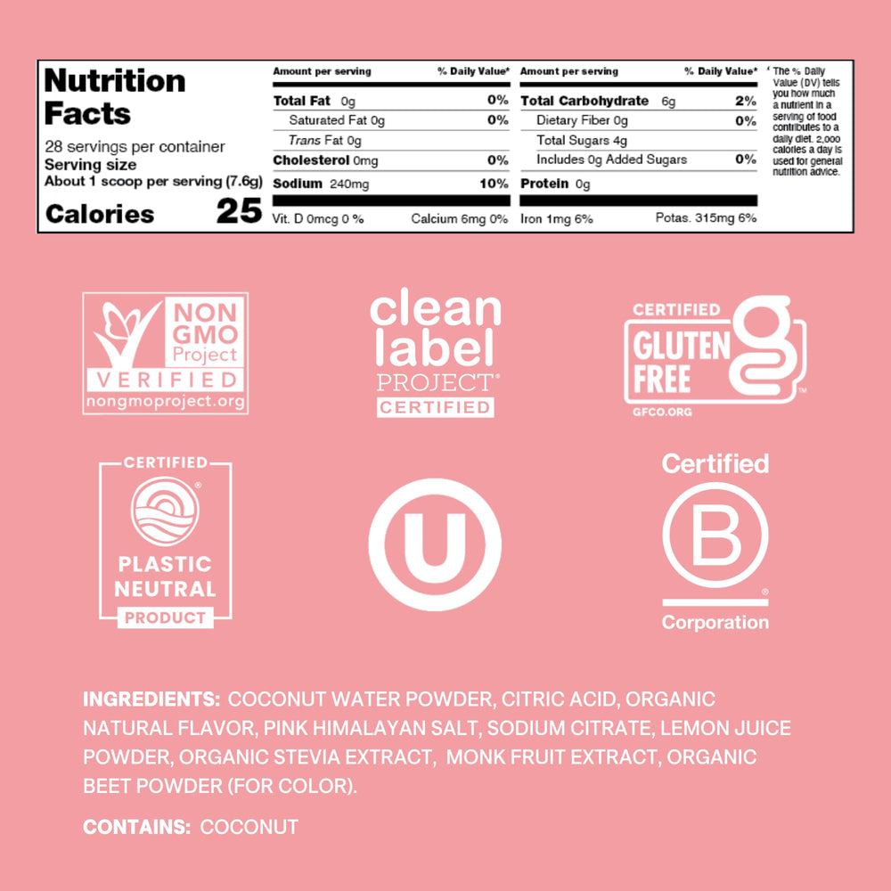 Cure Hydration coconut-water-base ingredients highlight plant-based electrolytes.