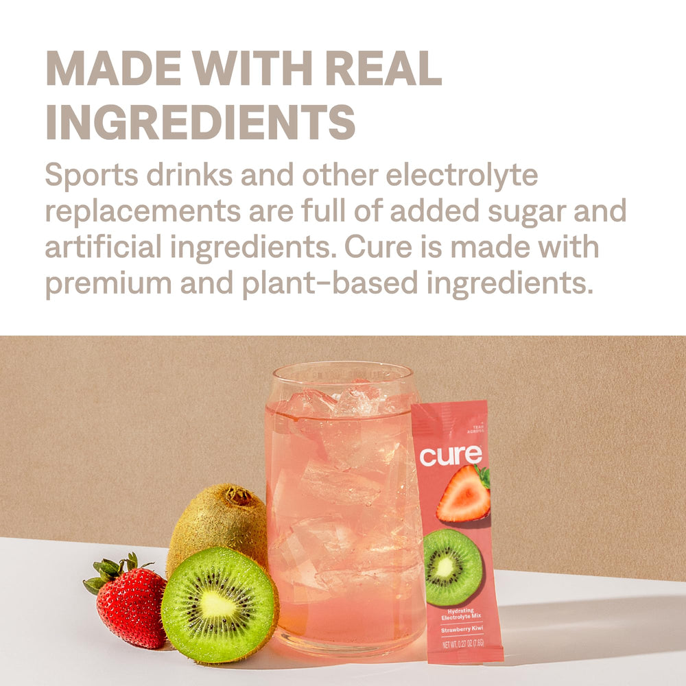 Cure Hydration gluten-free-paleo-kosher badge reinforces inclusive dietary options.