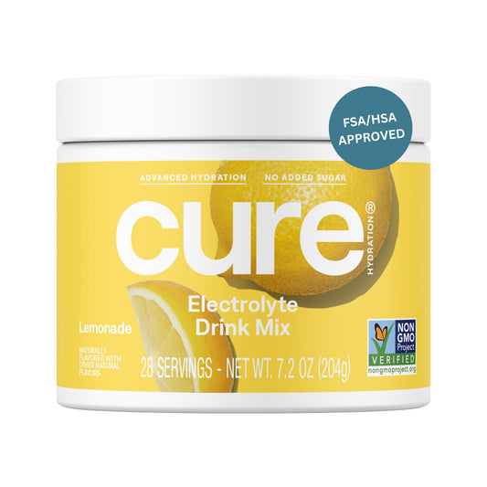 Cure Hydration Lemonade jar front highlights plant-based electrolytes for daily hydration support