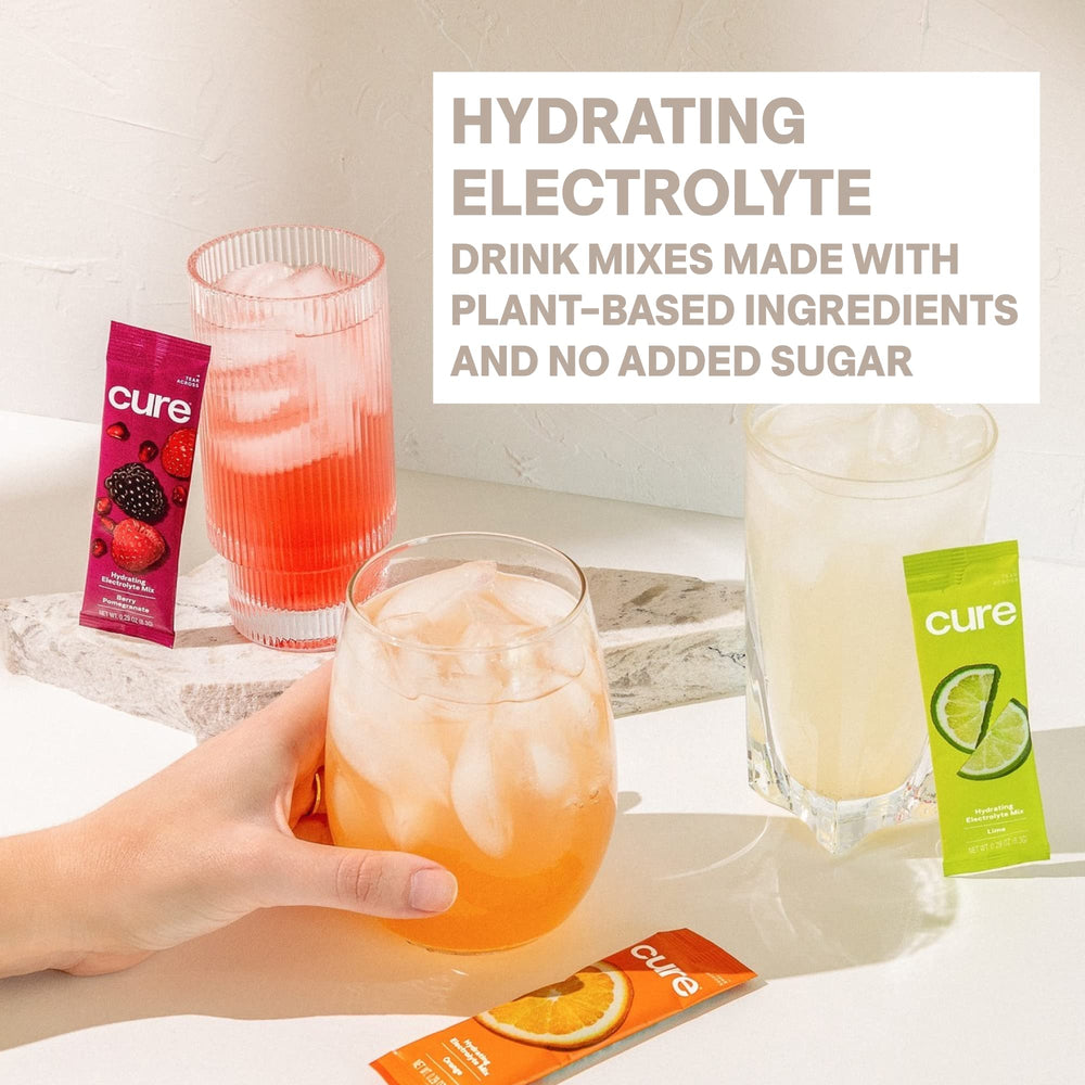 Cure Hydration package with no added sugar label visible
