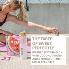 Cure Hydration no added sugar label emphasizes clean, plant-based refreshment.