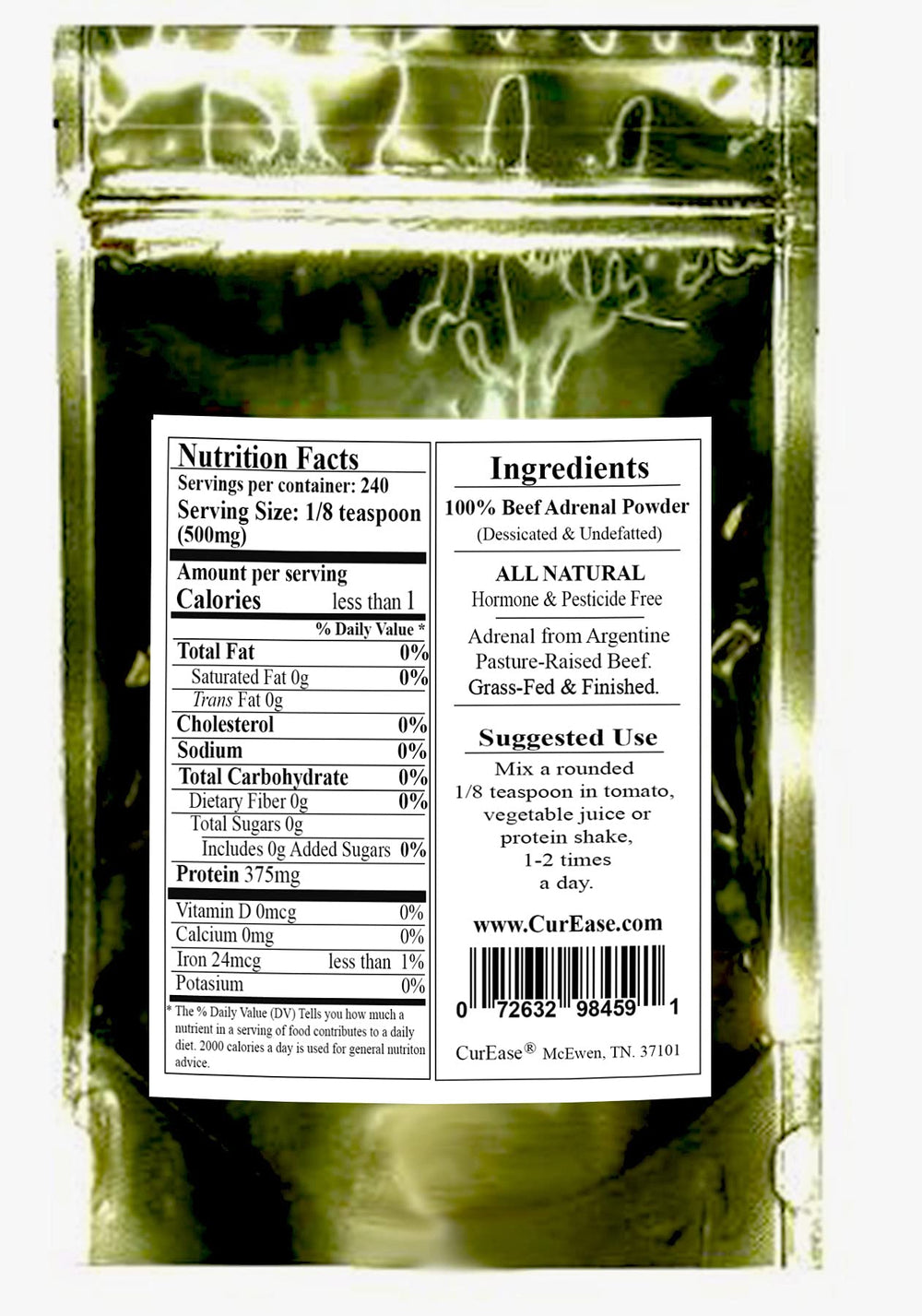 CurEase Beef Adrenal powder label closeup highlighting grass-fed origin and quality.