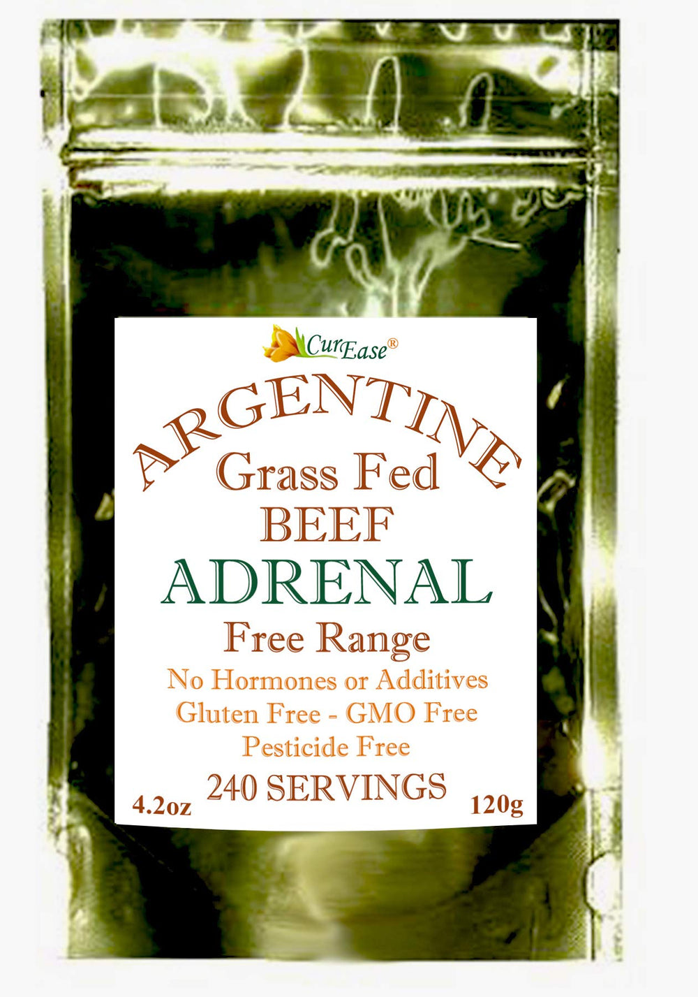 CurEase Argentine Beef Adrenal powder pouch showing convenient packaging for daily use.