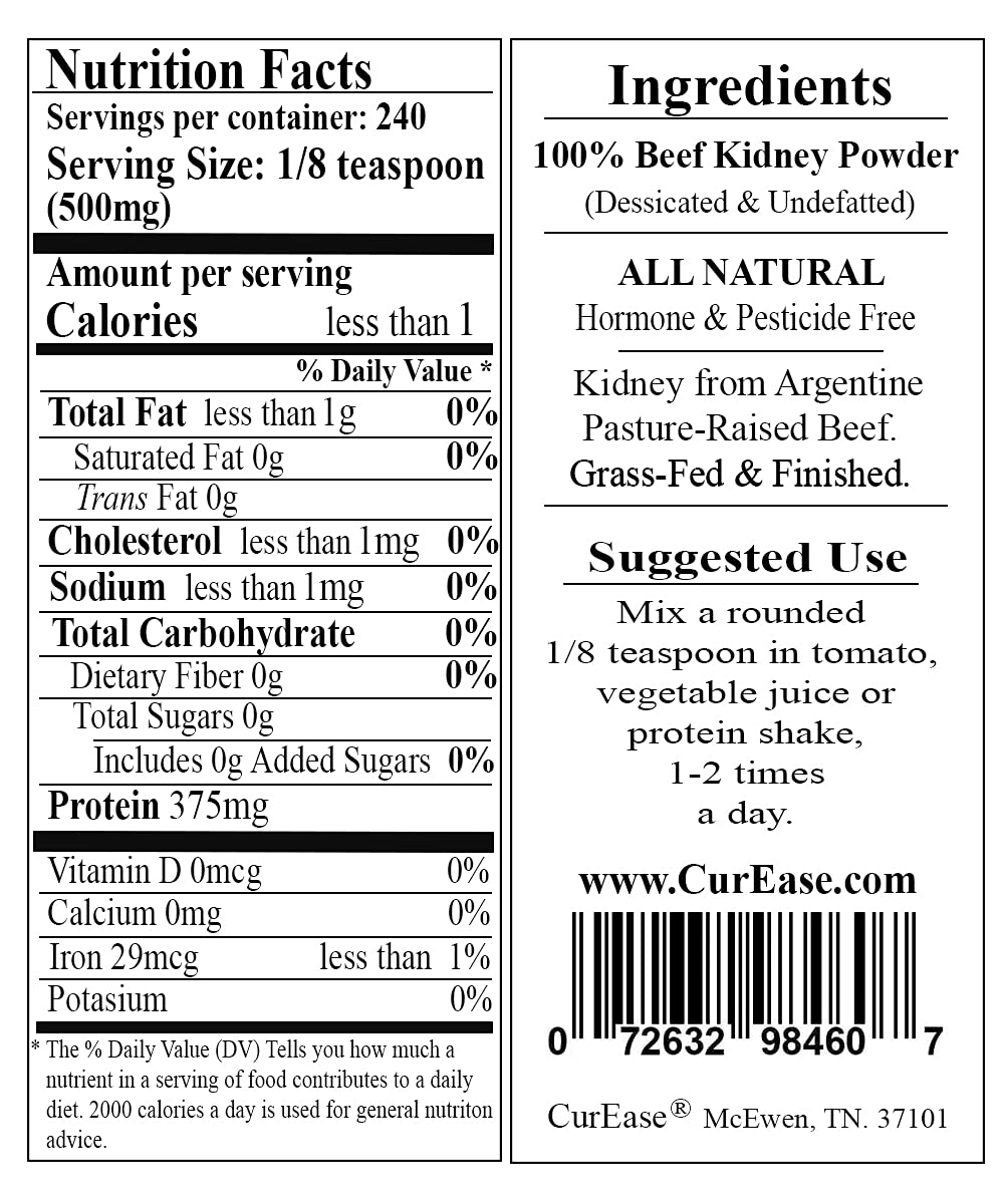 CurEase Beef Kidney powder in desiccated form preserves nutrients for energy.
