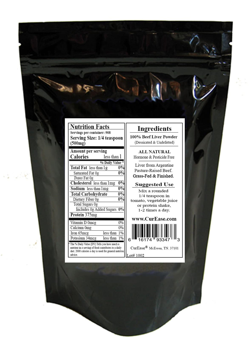 CurEase desiccated beef liver powder texture close-up highlighting rich color and preserved vitamins.