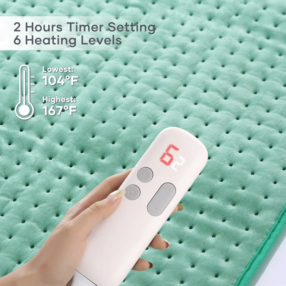 CURECURE heating pad displaying 6 heat settings for customizable warmth.