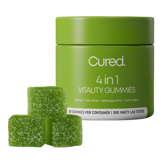 Cured 4-in-1 vitality gummies with Himalayan shilajit for balanced energy and focus.