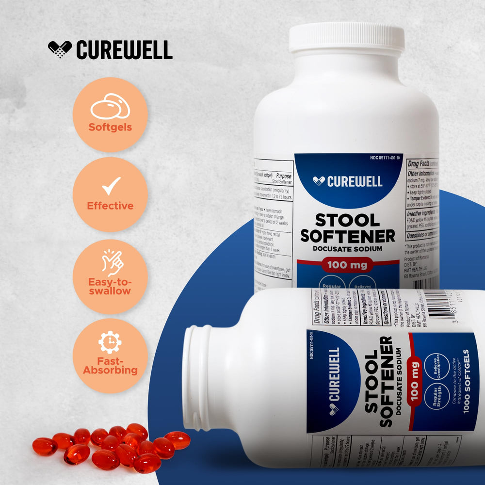 CUREWELL Stool Softener label close-up highlighting 1000-count bottle for long-term use.
