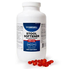 CUREWELL Stool Softener bottle front view with 100mg softgels for gentle relief.
