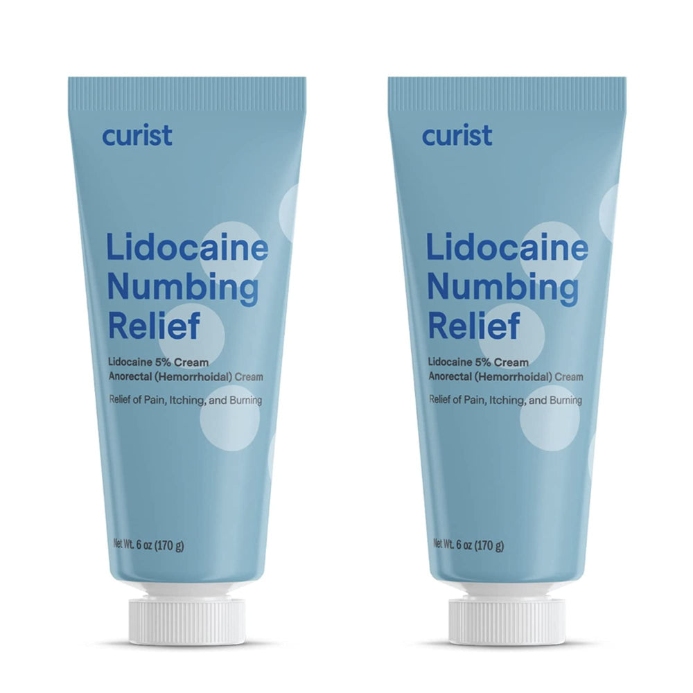 Curist 5% Lidocaine Cream 6oz tube exterior view for fast topical numbing relief.