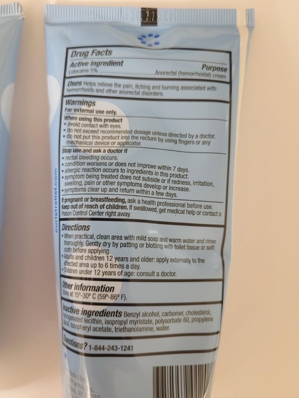 Curist 5% Lidocaine Cream 6oz tube packaging box on retail shelf.
