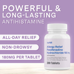Curist Fexofenadine 180mg bottle with glass of water ready for daily use.