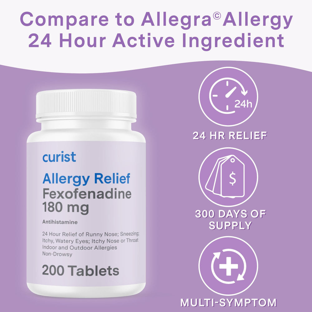 Curist Fexofenadine 180mg packaging box with allergy relief messaging.