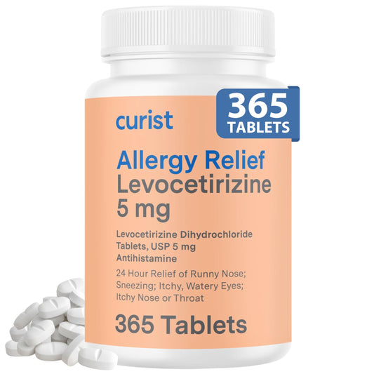 Curist Levocetirizine 5 mg tablets bottle front view suggesting all-day allergy relief.