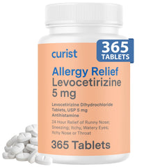 Curist Levocetirizine 5 mg tablets bottle front view suggesting all-day allergy relief.