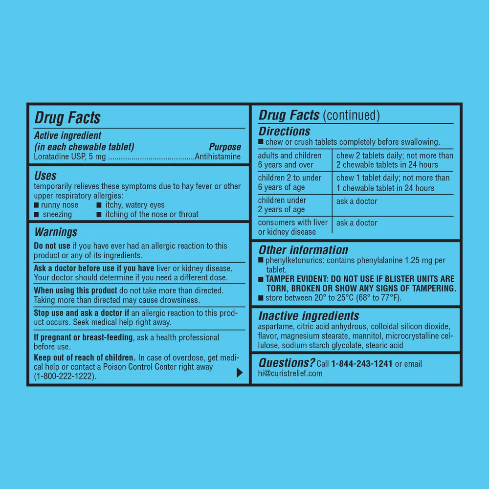 Curist Loratadine 5 mg chewables label visible for parents.