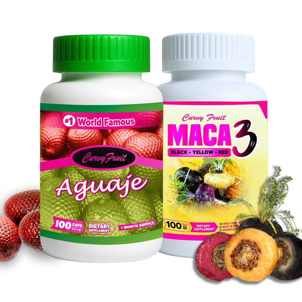 Curvy Fruit bottle with Aguaje Maca pills for daily feminine balance.