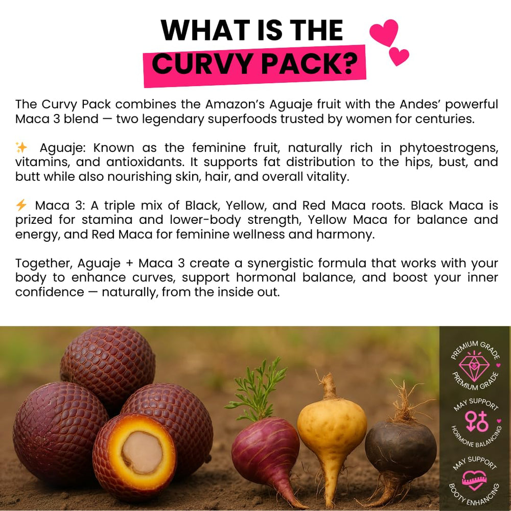 Curvy Fruit pills close-up showing Aguaje Maca blend for natural volume.