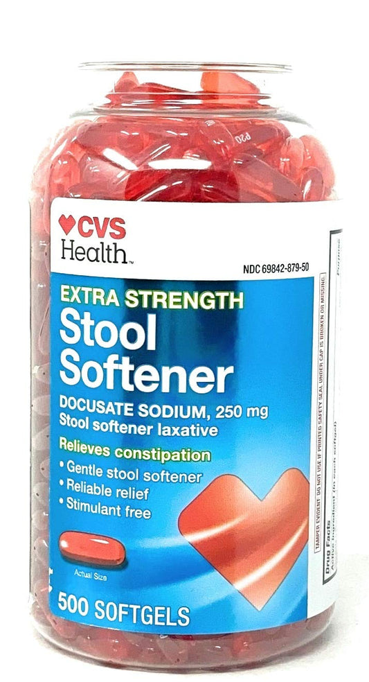 CVS Health extra-strength stool softener bottle showcases gentle support for occasional discomfort.