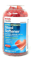 CVS Health extra-strength stool softener bottle showcases gentle support for occasional discomfort.
