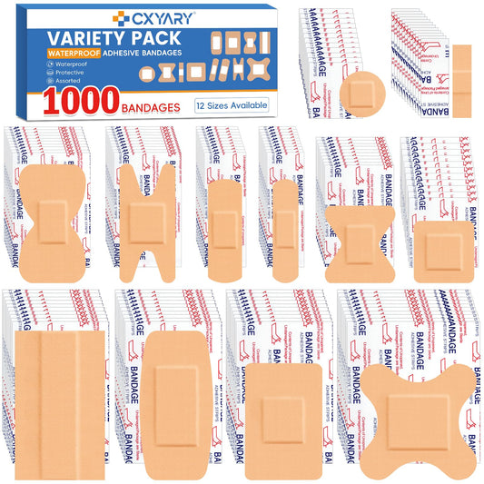 CXYARY 1000-count bulk bandages in assorted sizes for quick wound care.