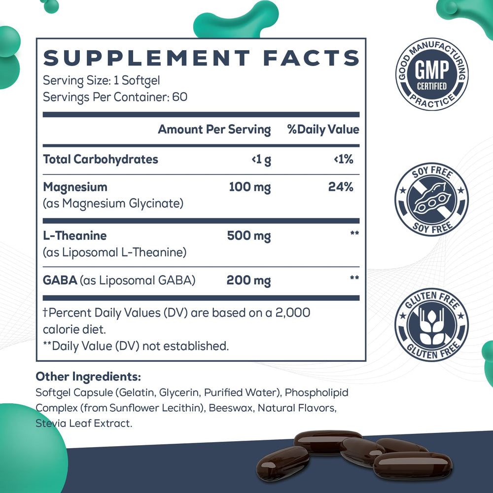 Close-up of CyberCerix softgels showing L-Theanine, GABA, and magnesium synergy for calm.