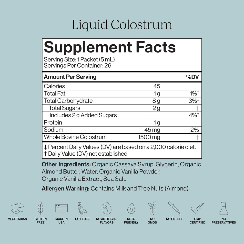 CYMBIOTIKA Liquid Colostrum USA-made label highlights ethical sourcing.