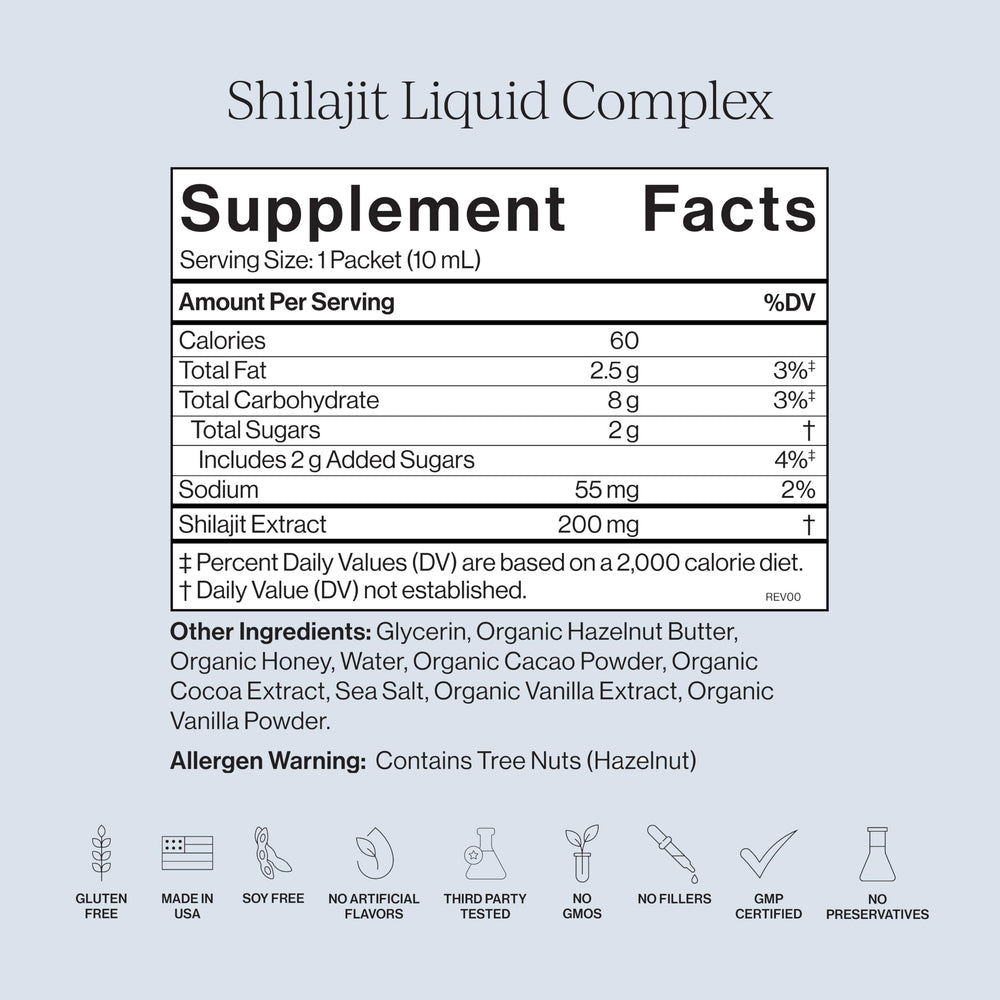 CYMBIOTIKA Shilajit Liquid ingredient cacao highlight energizing flavor profile.