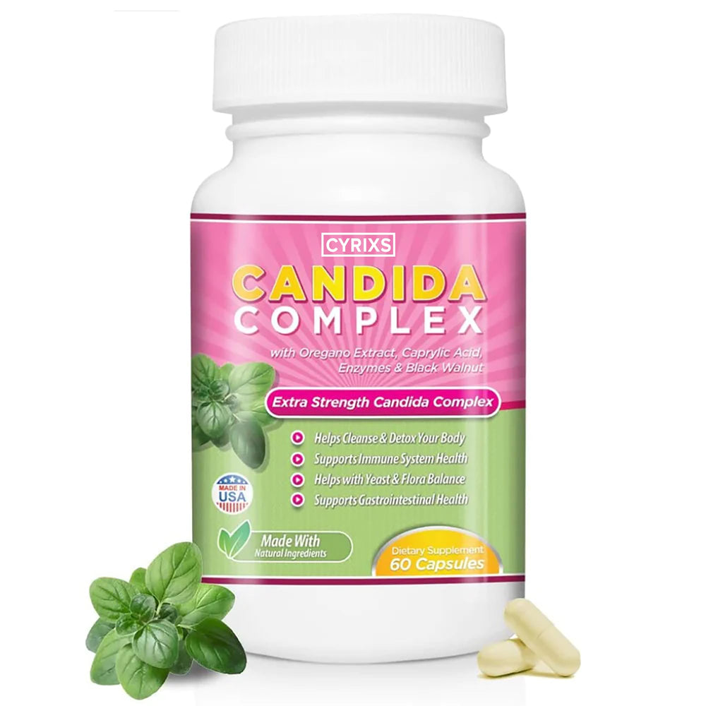 Cyrixs Health Candida Complex bottle and pour demonstrates easy daily use for balance