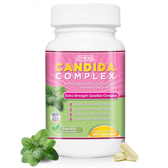 Cyrixs Health Candida Complex bottle and pour demonstrates easy daily use for balance