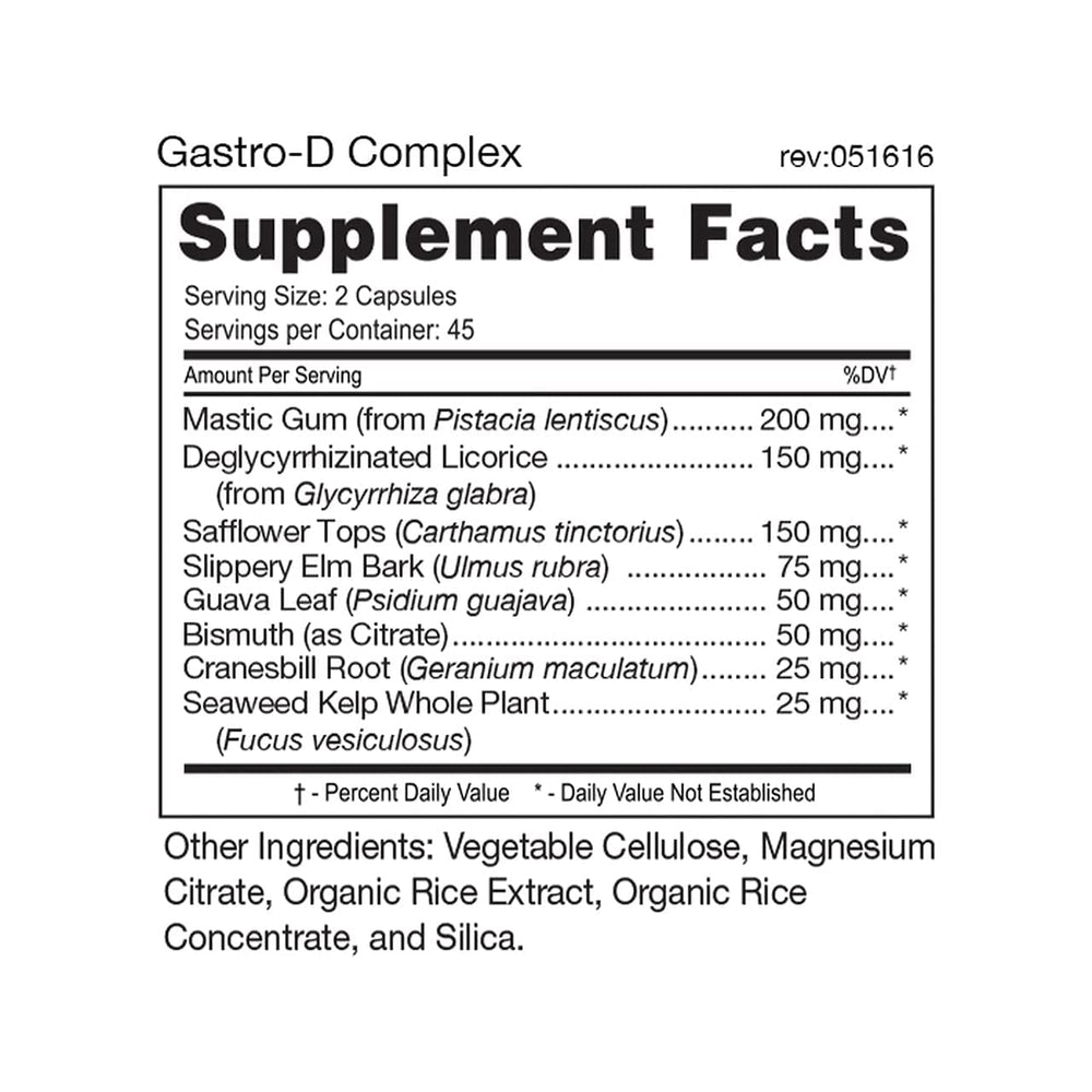 Close-up of Gastro-D Complex capsules showing the herbal blend for digestion support.