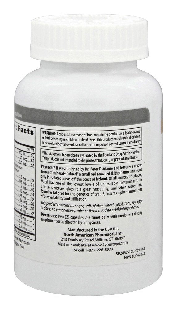 D'Adamo Phytocal B bottle label presents clear ingredients and dosing guidance.