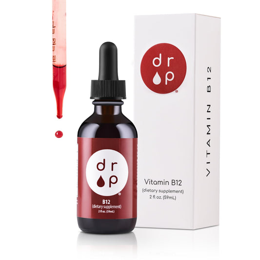 D R P Vitamin B12 liquid drops bottle promotes energy support.