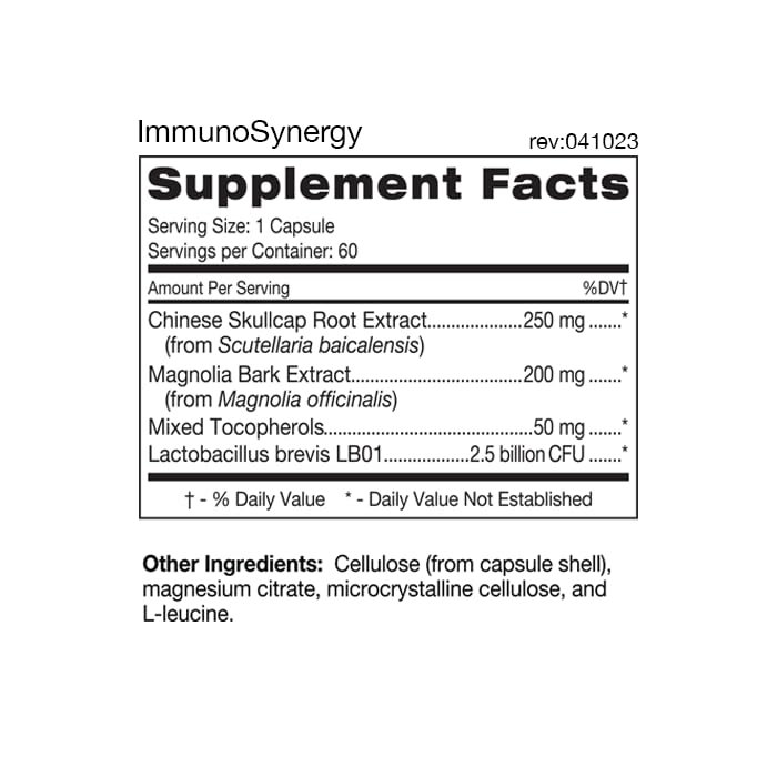 D'Adamo ImmunoSynergy bottle back showing ingredients for probiotic synergy.